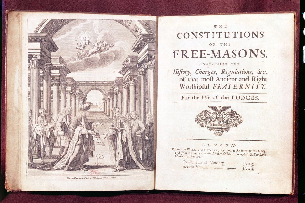 „Konstituce svobodných zednářů od Dr. Jamese Andersona (asi 1680-1739) vydané v Londýně roku 1723 od English School