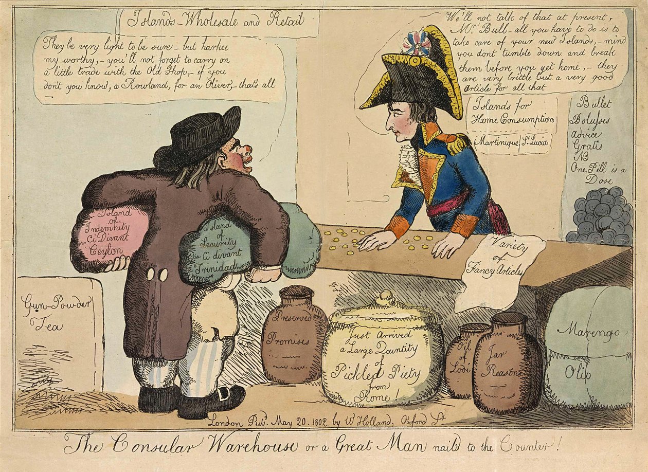 Konzulární sklad aneb Velký muž přibitý na pult, hospoda. 1802 (ručně kolorovaná rytina) od English School