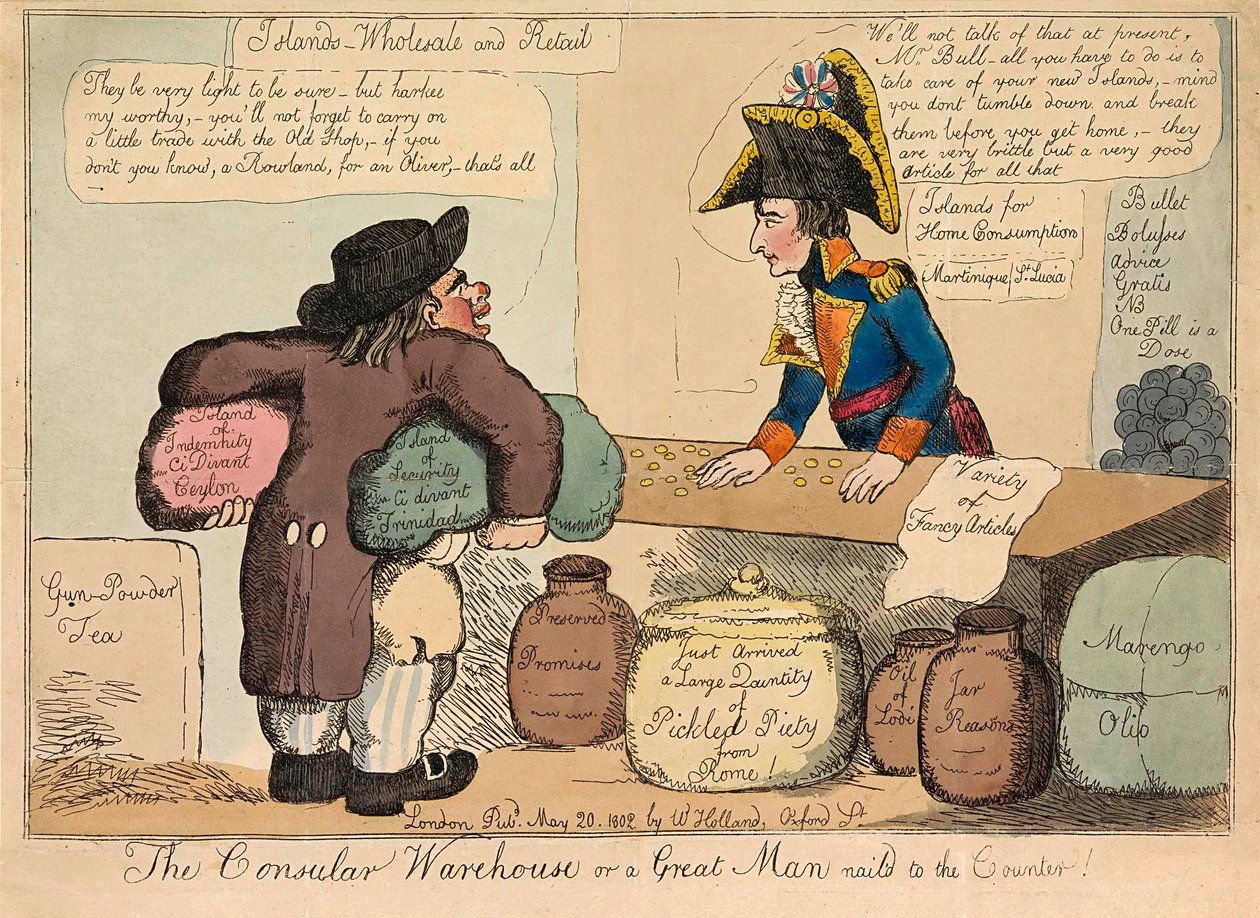 Konzulární sklad aneb Velký muž přibitý na pult, hospoda. 1802 ručně kolorovaná rytina. od English School