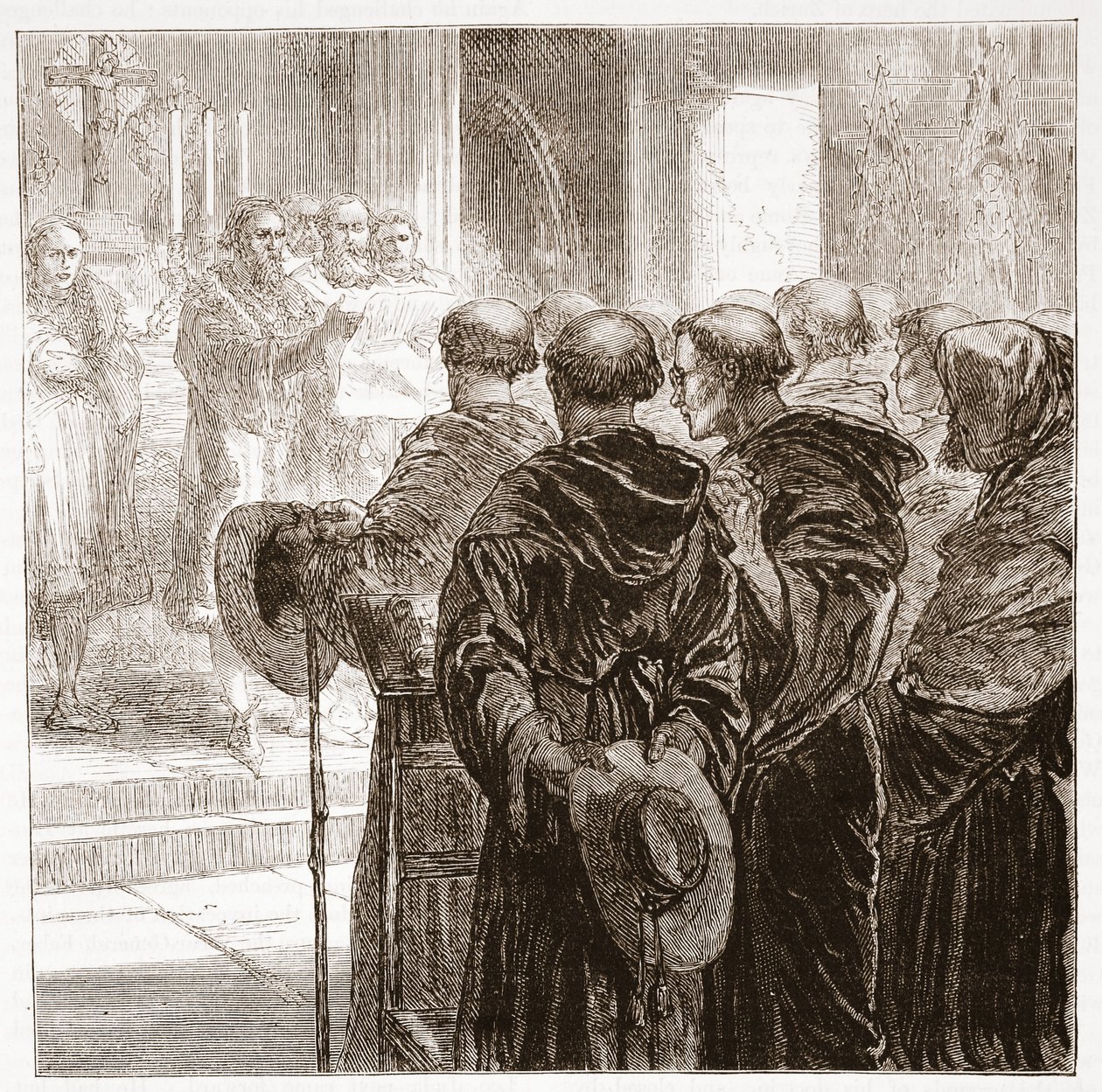 Radní rozpouštějící mnišský řád Augustinů v Curychu, 1524, ilustrace z Dějin protestantismu od Jamese Aitkena Wylie (1808-1890), pub. 1878 od English School