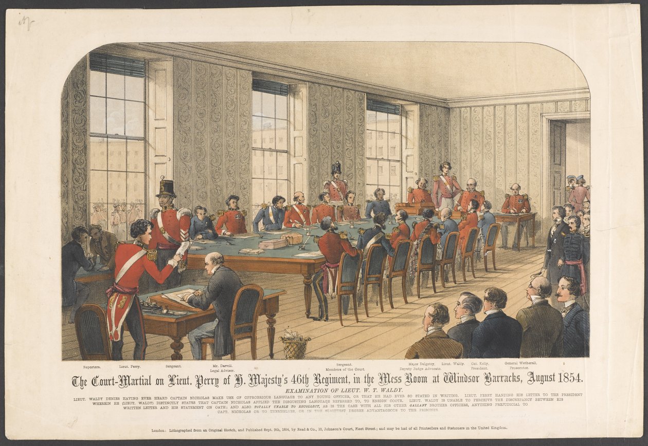 Vojenský soud Lieut. 46. pluk Perryho z H. Majesty, v jídelně ve Windsorských kasárnách, srpen 1854 (barevné lito) od English School