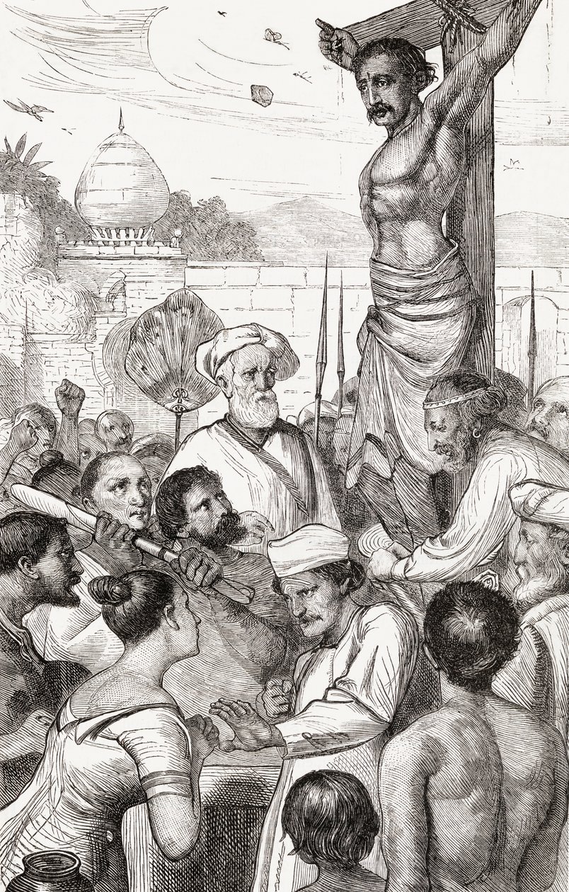 Ukřižování karenské mučednice z Barmy, kolem roku 1865 (dřevoryt) od English School