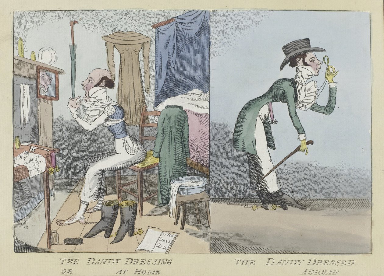 The Dandy Dressing aneb Doma, The Dandy Dressed Abroad, pub.c.1820 (ručně kolorovaná rytina) od English School