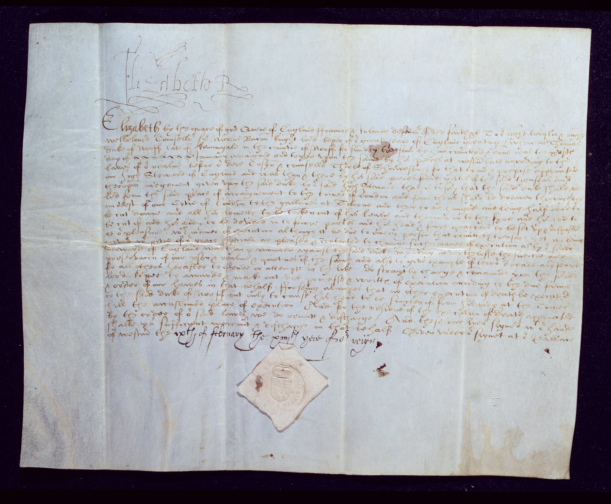 Rozsudek smrti Thomase Howarda, 4. vévody z Norfolku, podepsaný královnou Alžbětou I., 1572 (inkoust na pergamenu) od English School