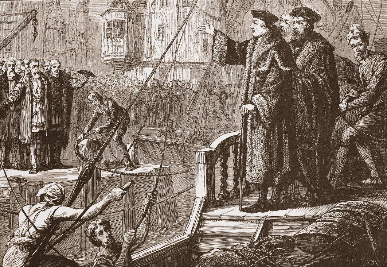 Odchod Erasma z Basileje, ilustrace z Dějin protestantismu od Jamese Aitkena Wylie (1808-1890), hospoda. 1878 od English School
