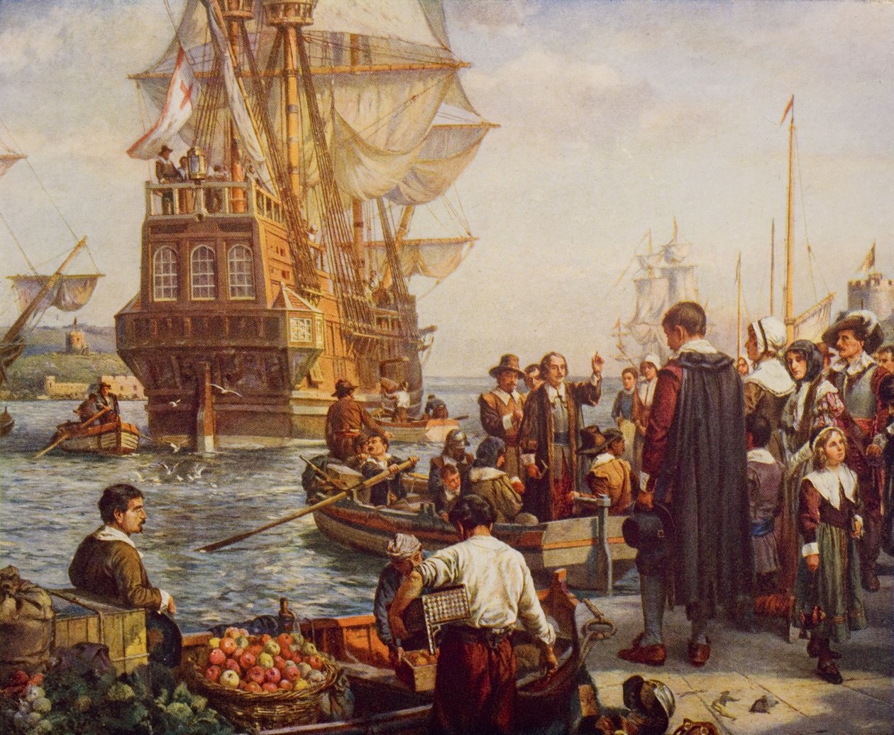 Odchod otců poutníků v roce 1620, ilustrace z „Nástin dějin“ od H. G. Wellse, svazek II, vydané v roce 1920 od English School