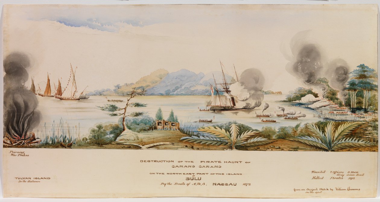 Zničení pirátského útočiště Carang Carang v severovýchodní části ostrova Sulu loděmi H.M.S. Nassau v roce 1872 od English School