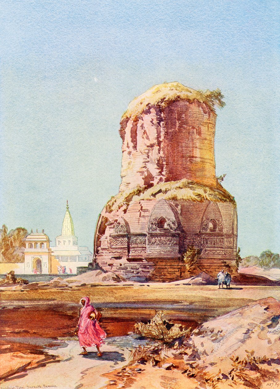Stúpa Dhamek, Sarnáth, Uttarpradéš, z knihy Divy světa, vyd. kolem roku 1920 (tisk) od English School