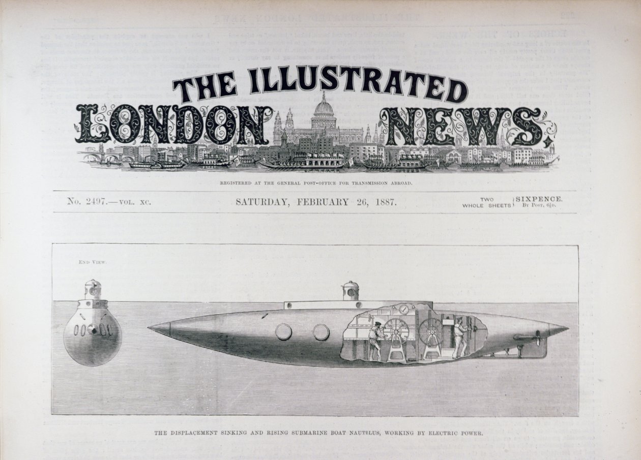 Ponorka Nautilus, pracující na elektrický pohon, z The Illustrated London News, 26. února 1887. od English School