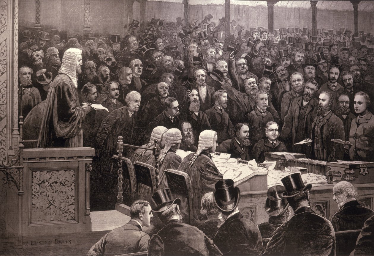 Divize v Dolní sněmovně pro irskou otázku samosprávy, „Ayes; 311, Noes; 341“, z „The Illustrated London News“, 6. prosince 1886 od English School