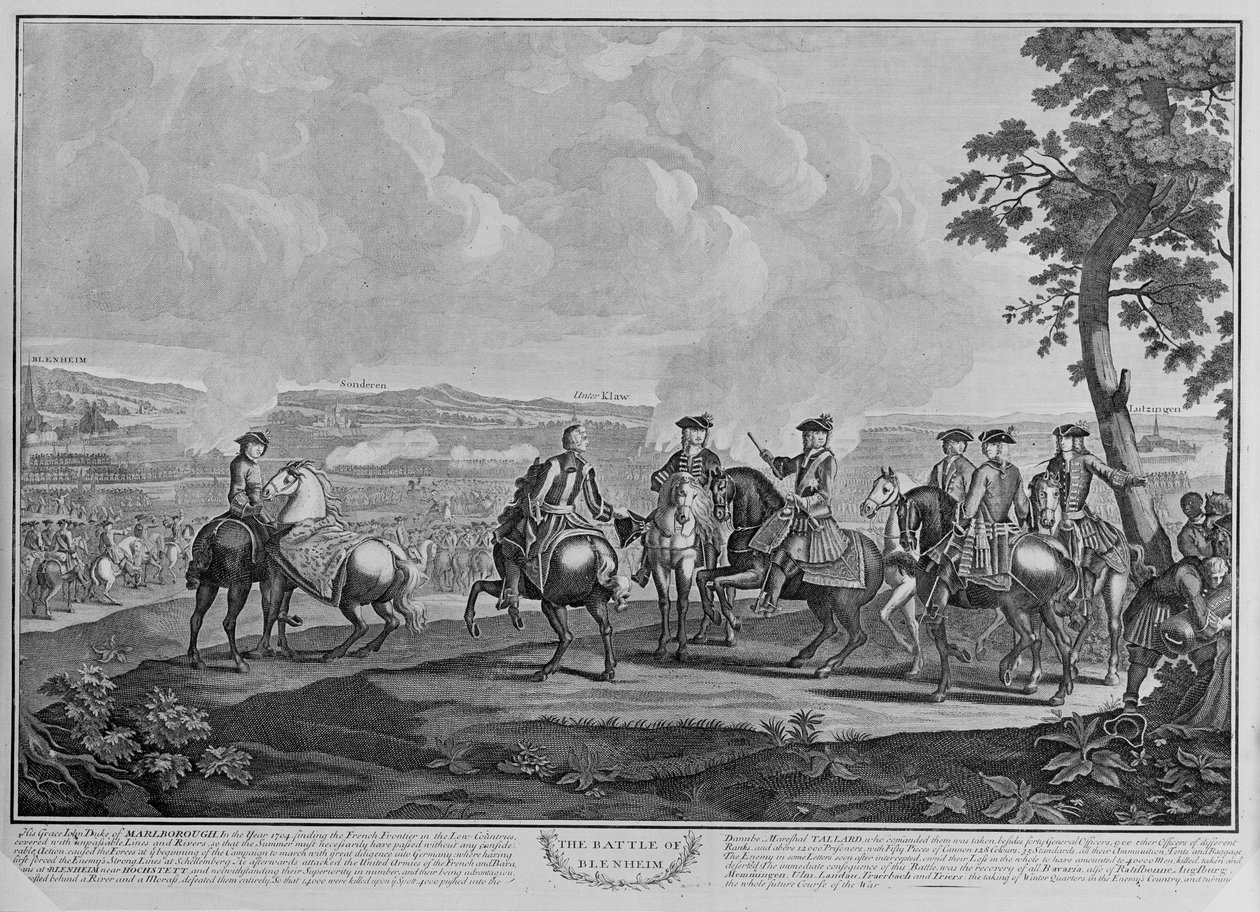 Vévoda z Marlborough (1650-1722) a jeho štáb v bitvě u Blenheimu dne 13. srpna 1704, kolem roku 1704 (čárová rytina) od English School