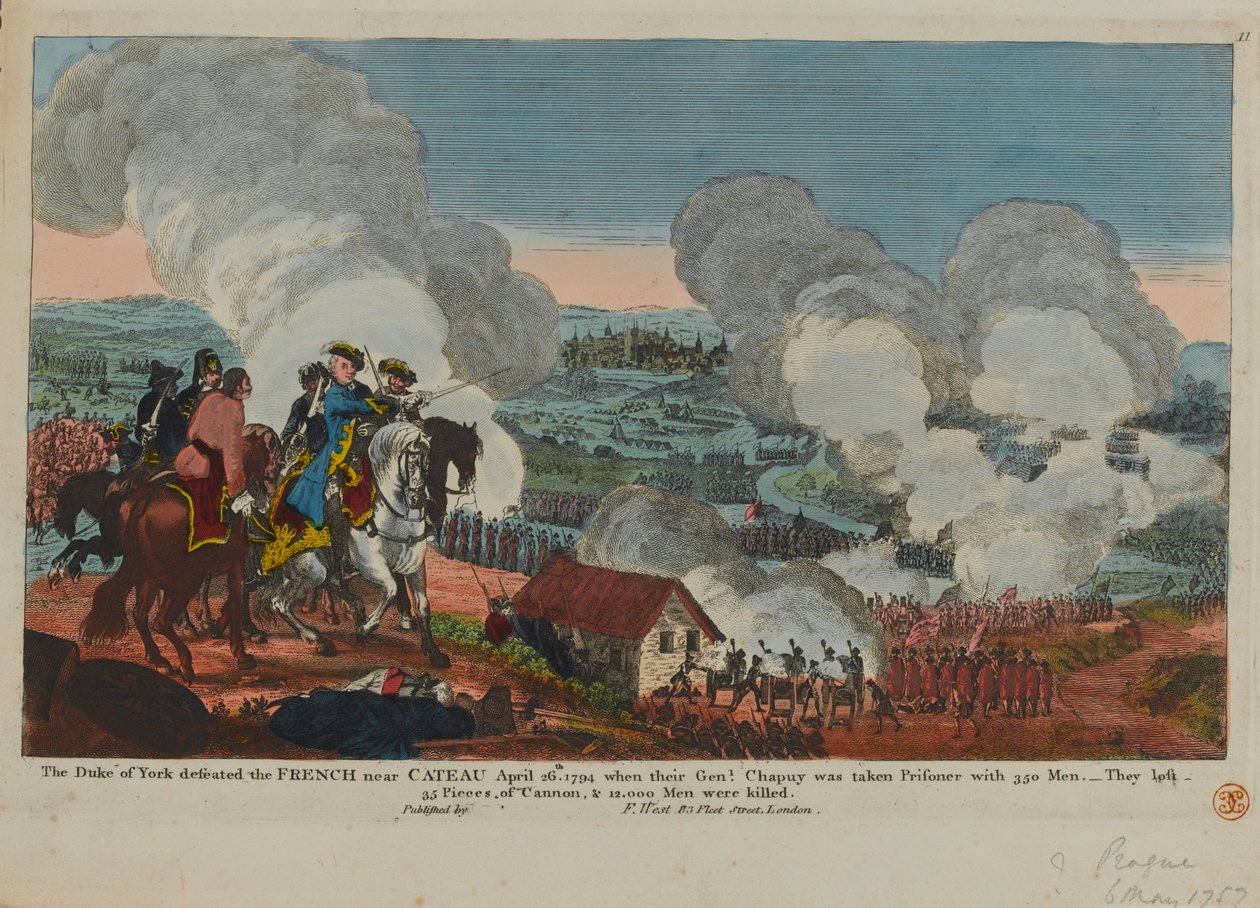 Vévoda z Yorku (1763-1827) porážející Francouze u Cateau, 26. dubna 1794, ze souboru scén Sedmileté války vydané F. Westem, 1834 od English School
