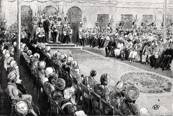 Durbar v Rawul Pindi (rytina) (černobílá fotografie) od English School