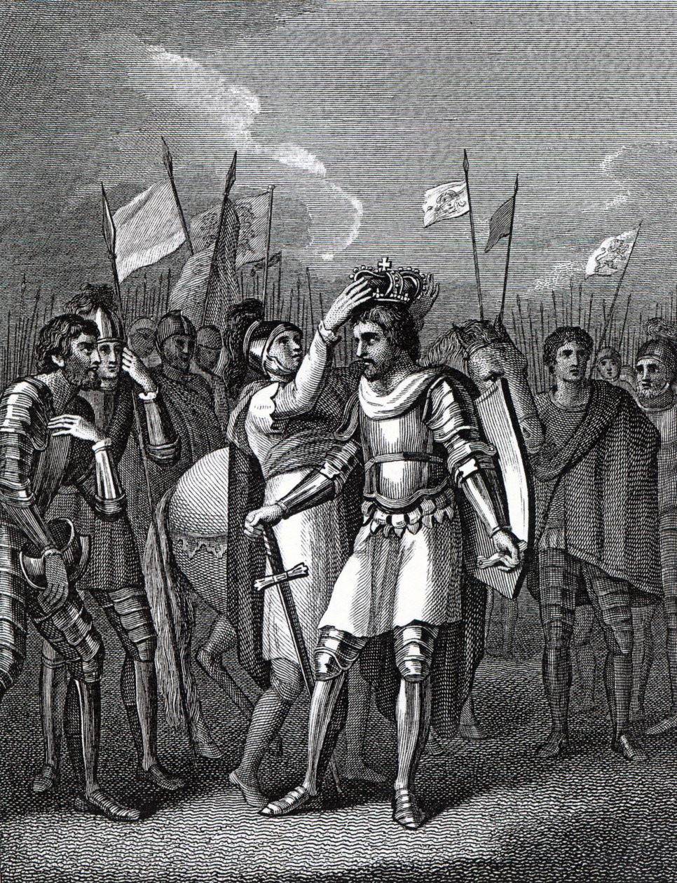 Hrabě z Richmondu zvolil krále po bitvě u Bosworthu, z „Dějiny Anglie“ od Davida Humea a Tobiase Smolletta, 1804 od English School