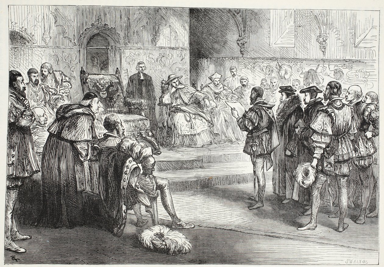 Saský kurfiřt čte protest na sněmu Spires, ilustrace z Historie protestantismu od Jamese Aitkena Wylie (1808-1890), pub. 1878 od English School