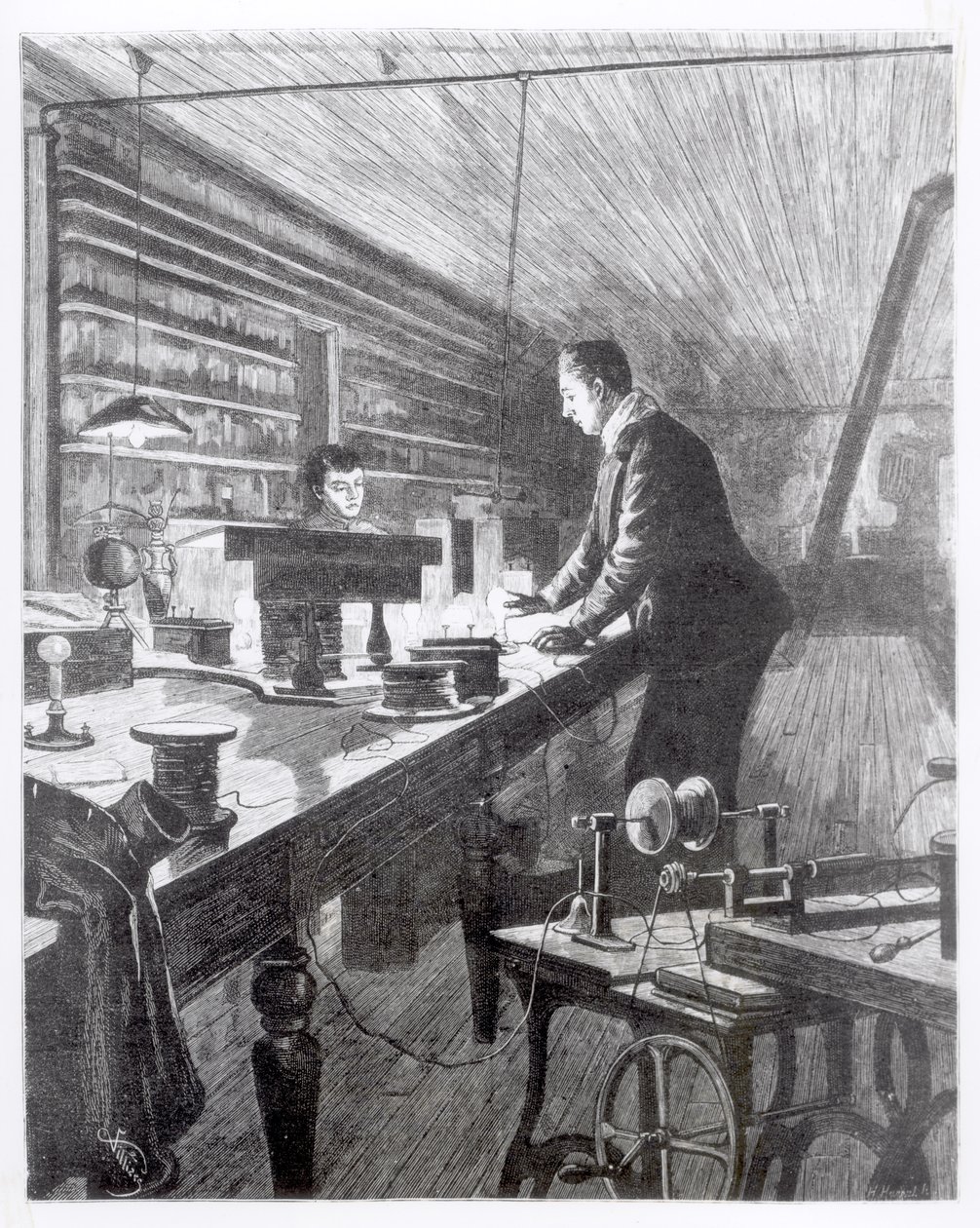 Elektrické světlo, Edison (1847-1931) ve své laboratoři od English School
