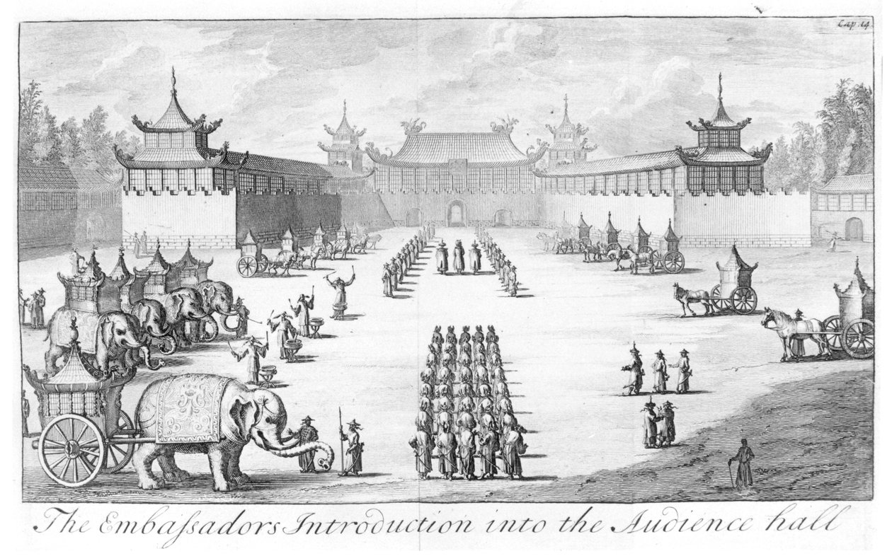 Velvyslanci Úvod do audienční síně: recepce v čínském císařském paláci v Pekingu pro velvyslanectví cara Petra Velikého pod vedením Everta Isbrandze. Ides, z Three Years Travels from Mo od English School