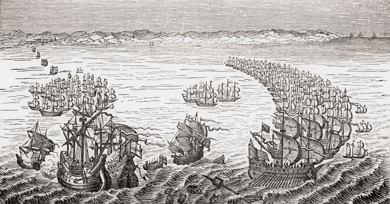 Anglická flotila, které velel sir Francis Drake, útočící na španělskou armádu v roce 1588, z knihy „Stará Anglie