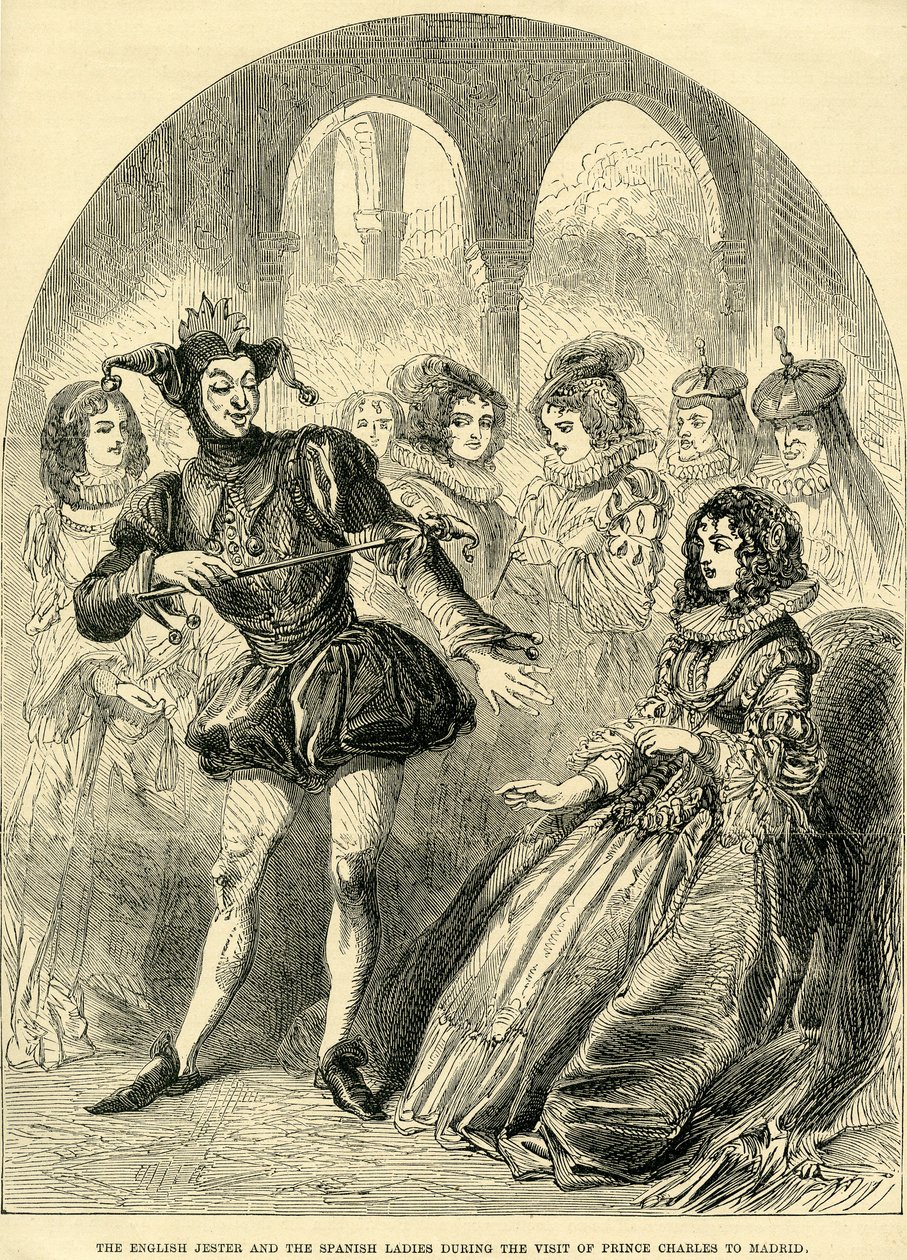 Anglický šašek a španělské dámy během návštěvy prince Charlese v Madridu od English School