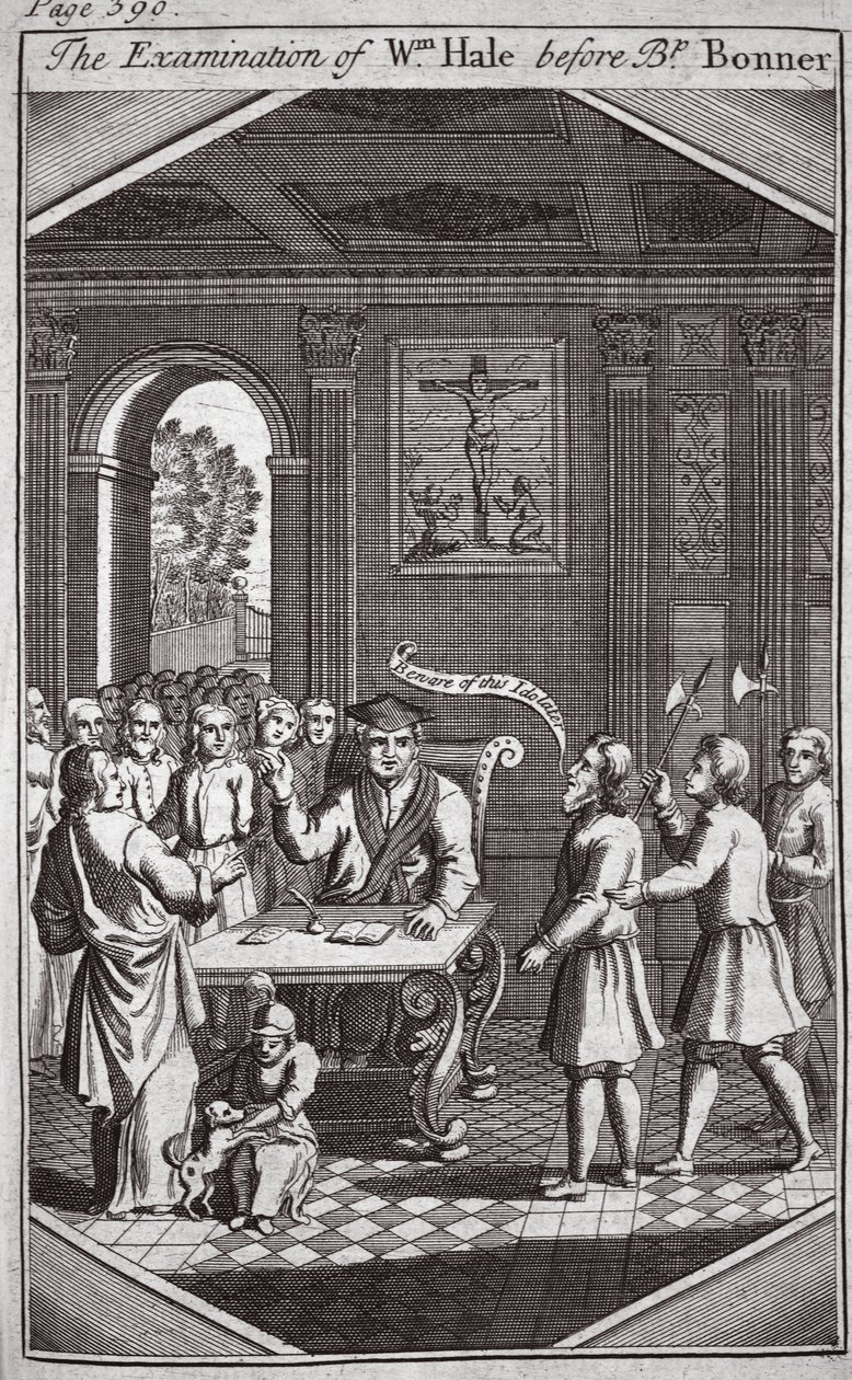Vyšetření Wm Halea před biskupem Bonnerem, ilustrace z Foxes Martyrs c.1703 od English School