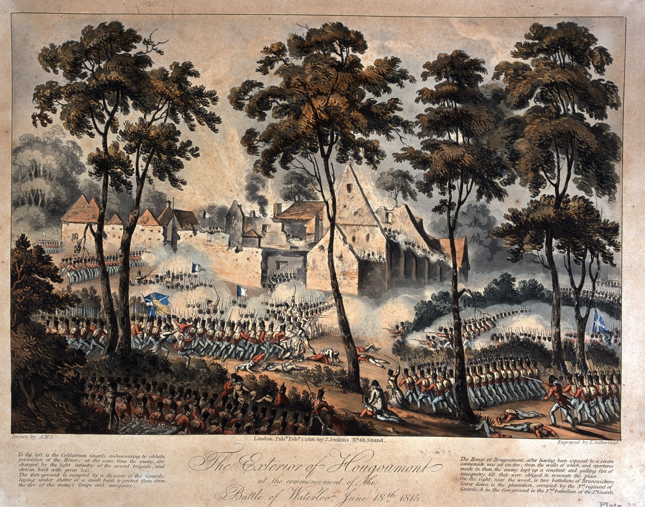 Exteriér Hougoumontu na začátku bitvy u Waterloo, 18. června 1815, ryl T. Sutherland, vydáno 1816 (akvatinta) od English School