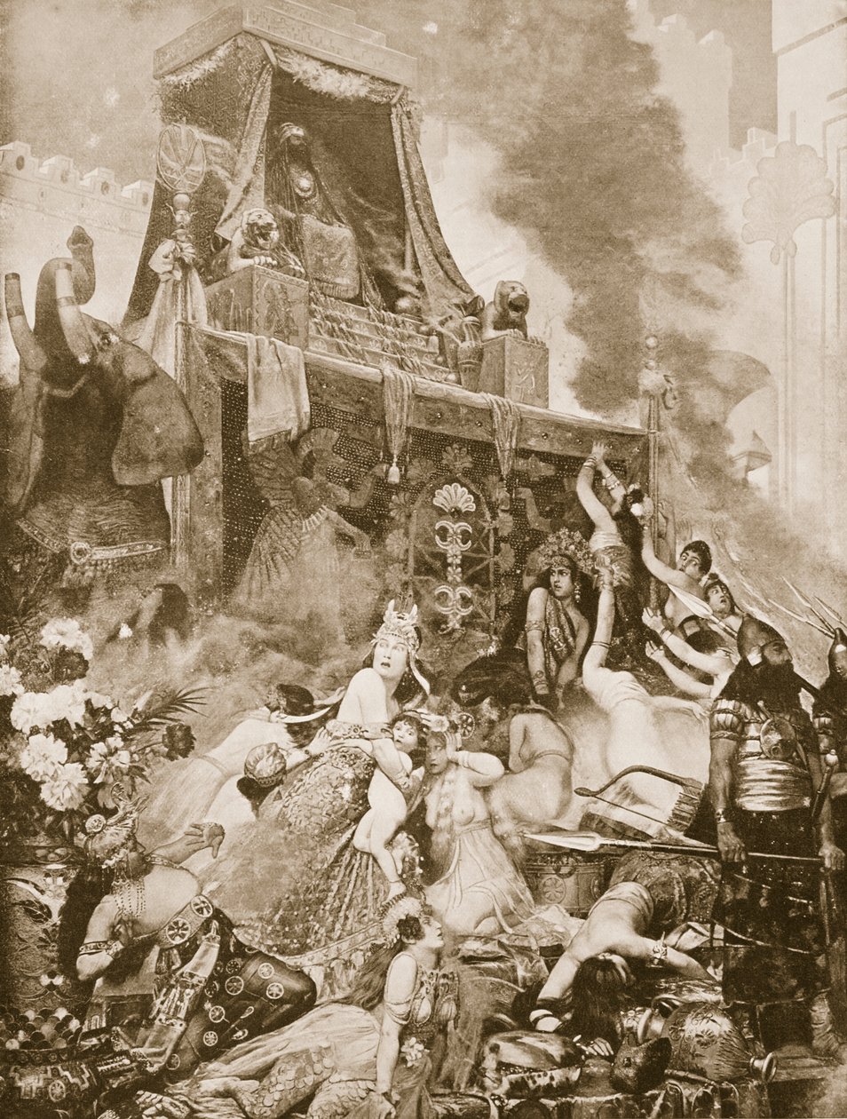 Pád Ninive, ilustrace z Hutchinsonovy Historie národů, cca 1910-15 od English School