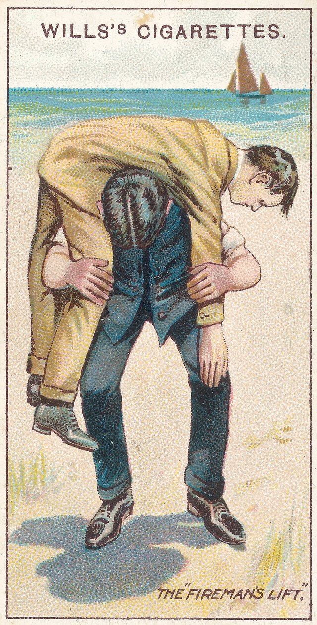 The Firemans Lift No.1, no.18 ze série First Aid cigaretových karet Willss, 1913 od English School