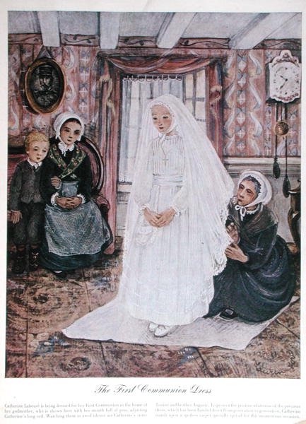 Šaty k prvnímu svatému přijímání, cca 1930 (barevná litografie) od English School