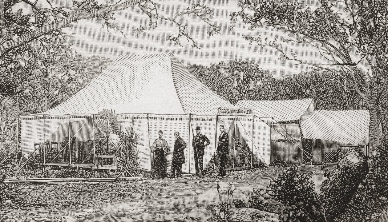 První presbyteriánská církev, Miami, Florida, Spojené státy americké na konci 19. století. Kostel, založený reverendem Henrym Keigwinem v roce 1896, začal v restauraci s hrubým prknem, než se bohoslužby přesunuly do stanu. Z vydavatelství The Strand Magazi od English School
