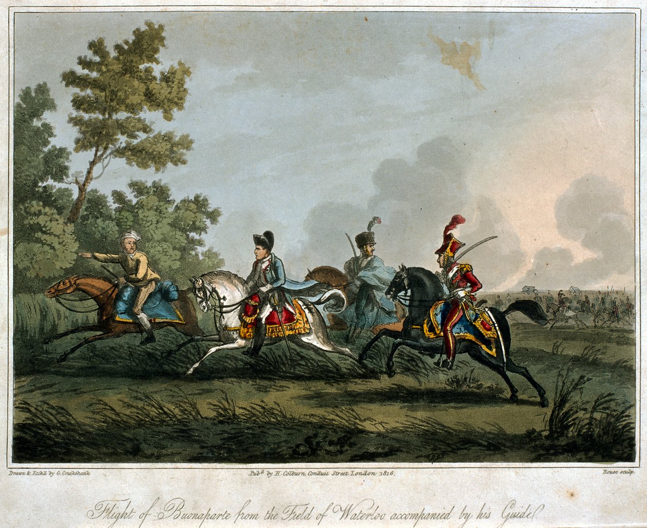 Útěk Bonaparta (1769-1821) z pole Waterloo v roce 1815, 1817 (akvatinta) od English School