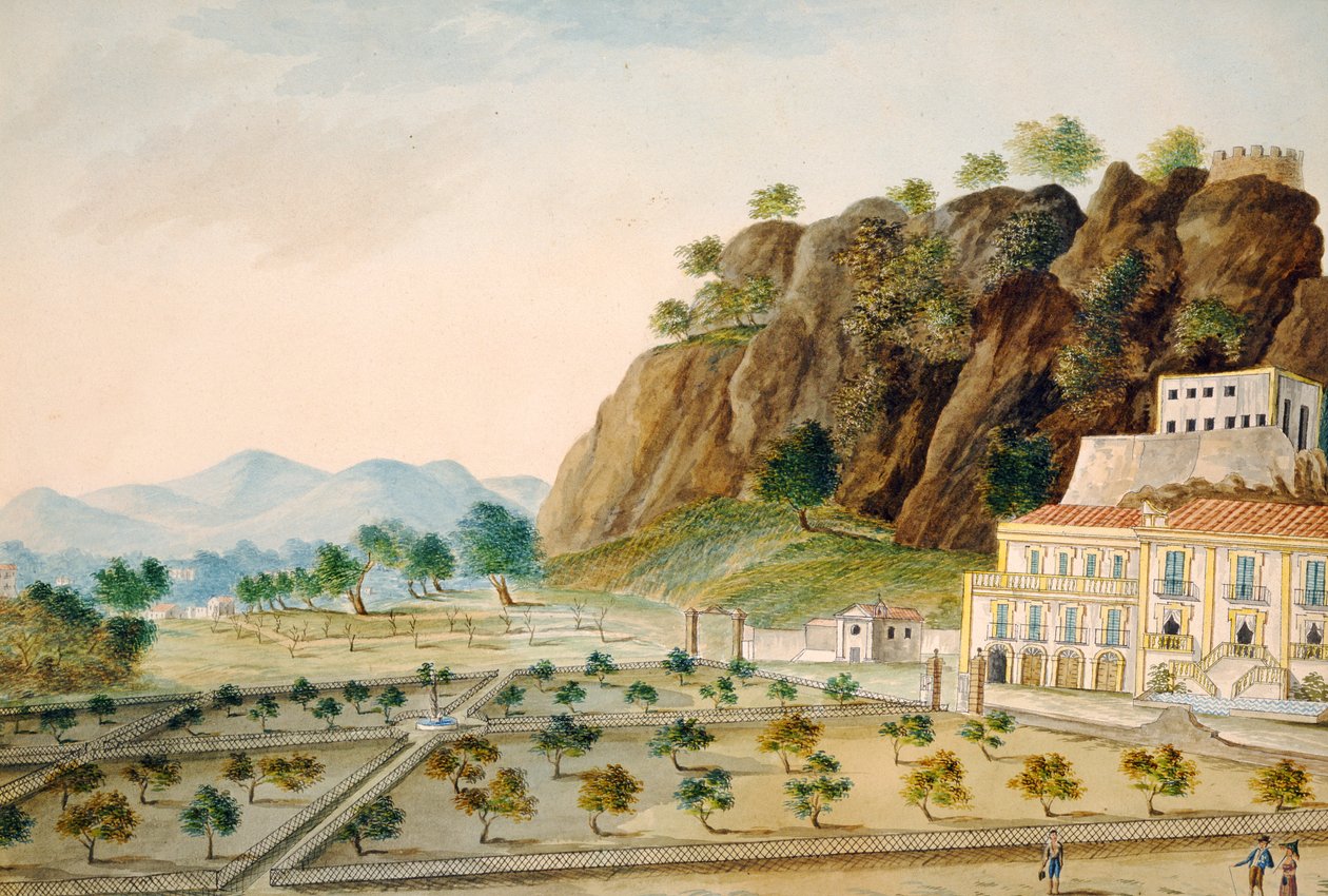 Formální zahrada v La Favorita nebo Palazzo Cinese, Palermo, navržená pro krále Fernanda IV, kolem roku 1815 (wc na papíře) od English School