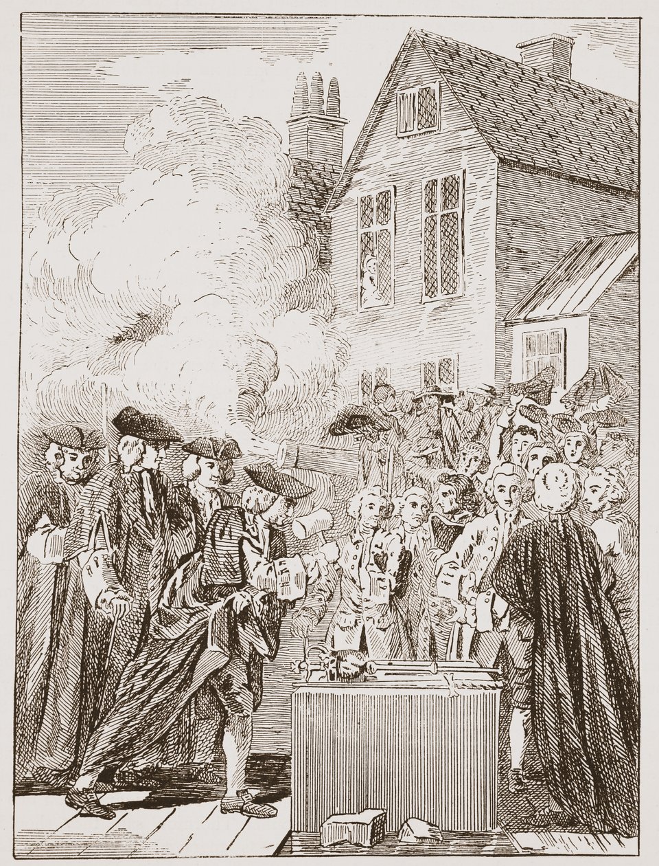 Základní kámen mostu Blackfriars, 1760, ze současného tisku od English School