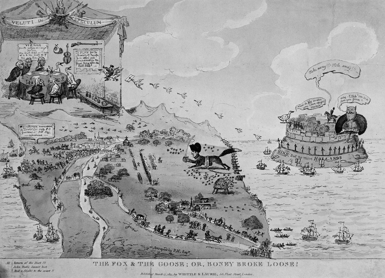 Liška a husa, karikatura Napoleona (1769-1861) na útěku z Elby, 1815 od English School