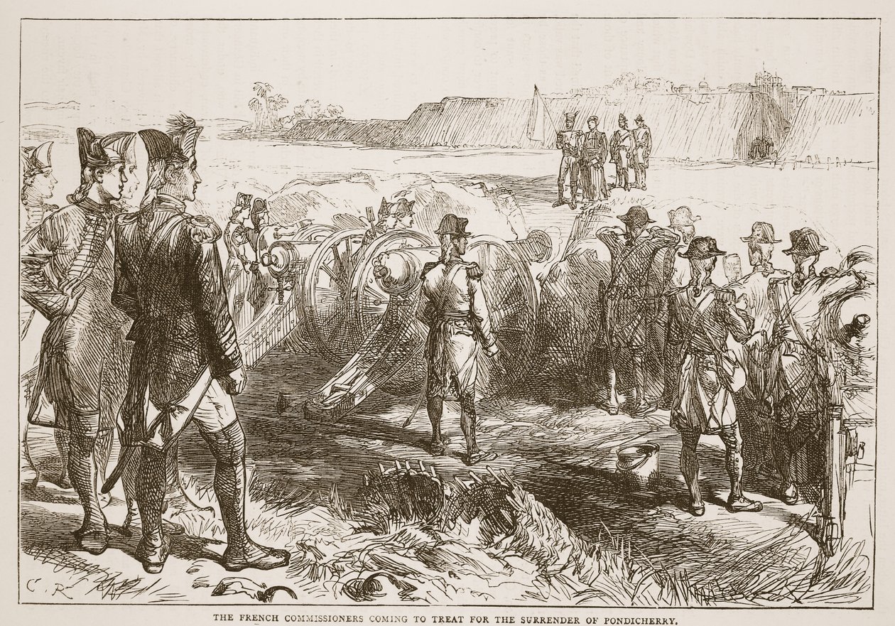 Francouzští komisaři přicházejí léčit kapitulaci Pondicherry, ilustrace z Cassells Illustrated History of India od Jamese Granta, hospoda. 1879 od English School