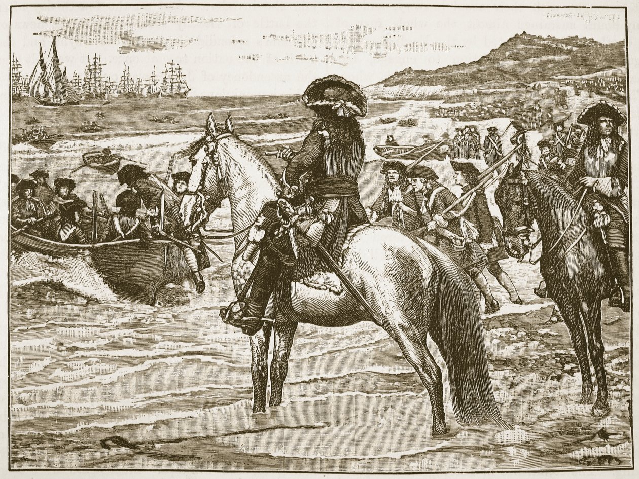 Francouzi ustupující z Torbay, ilustrace z Cassells Illustrated History of England (sépiová fotografie) od English School
