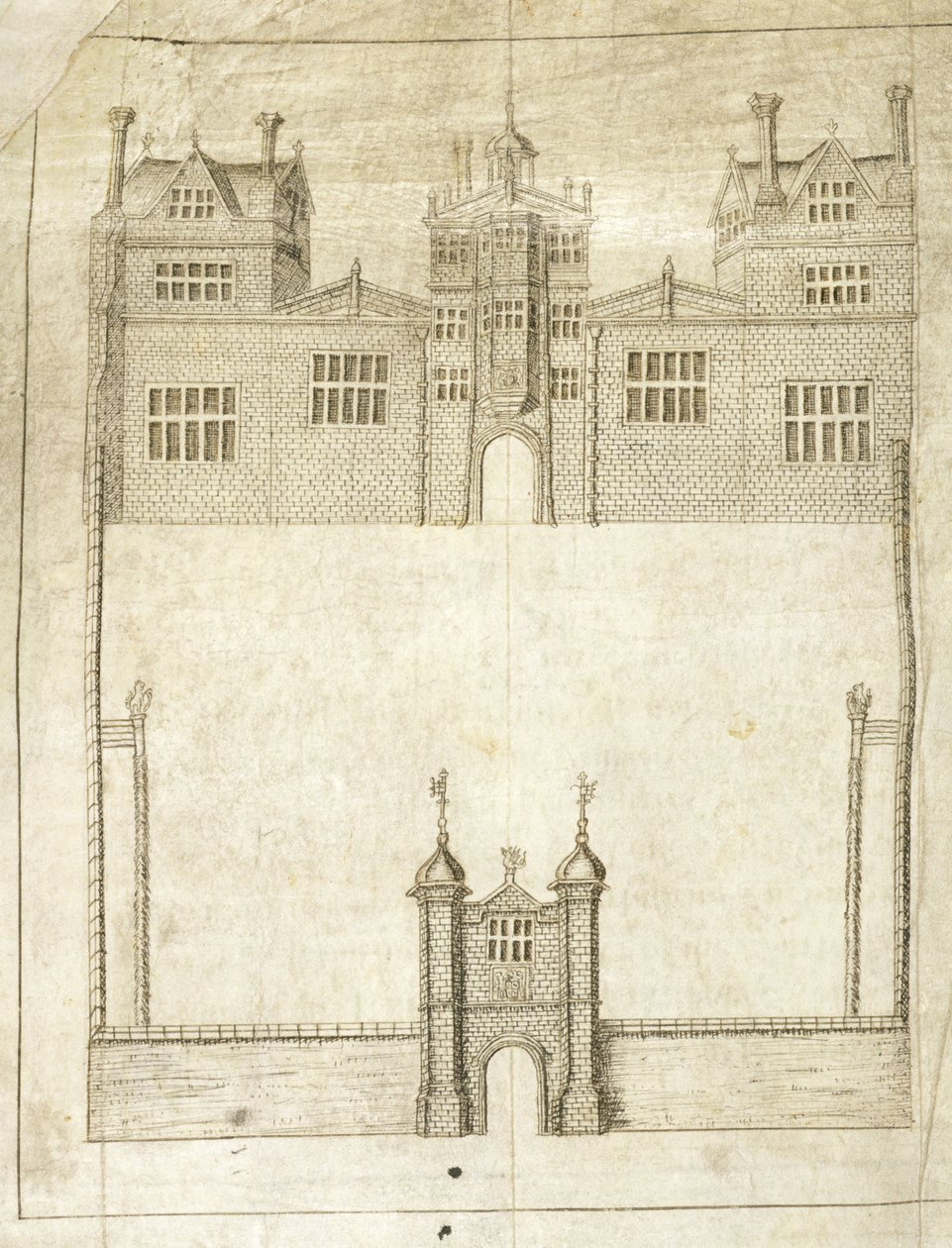 The Front of Wilton House, detail z Survey of Lands pro 1. hraběte z Pembroke, 1566 (pero a inkoust na pergamenu) od English School