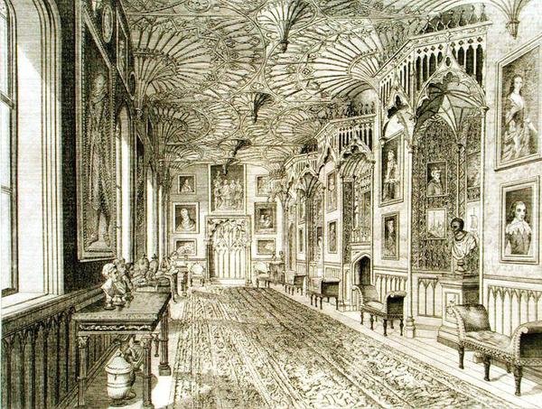 Galerie, vyrytá T. Morrisem, z „Popisu Strawberry Hill“ od Horace Walpolea od English School