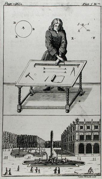 Zahradní designér, předloha pro „Iconographia Rustica aneb rekreace šlechtice, gentlemana a zahradníka“, od Stephena Switzera, vyryl Sutton Nicholls od English School