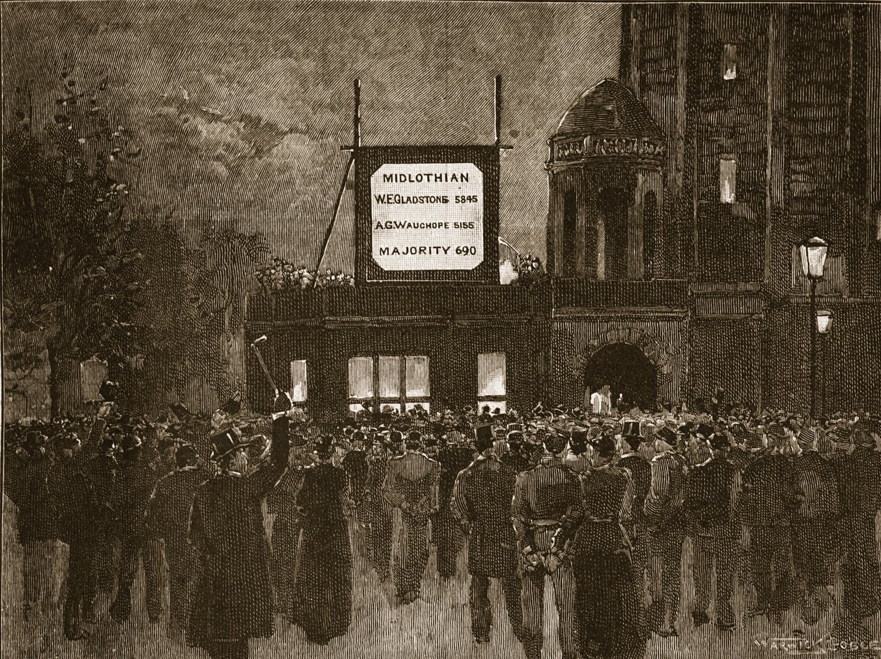 Všeobecné volby v roce 1892: vyhlášení výsledků v Národním liberálním klubu, ilustrace z Cassells Illustrated History of England (sépiová fotografie) od English School