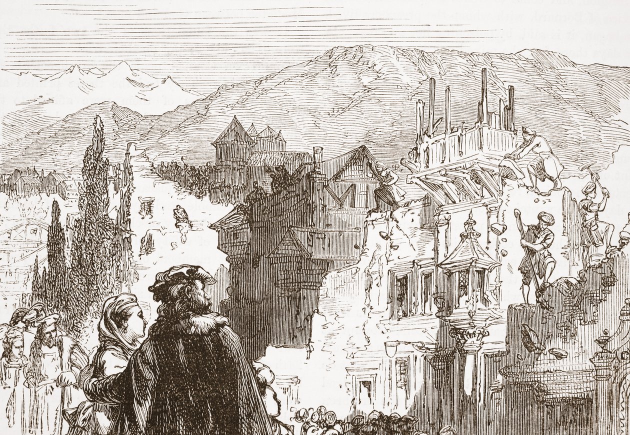 Ženevani ničí předměstí svého města, ilustrace z Historie protestantismu od Jamese Aitkena Wylie (1808-1890), hospoda. 1878 od English School