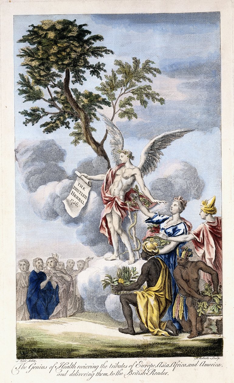 Génius zdraví přijímá Evropu, Asii, Afriku a Ameriku a doručuje je Britskému čtenáři, 1756-1757 od English School