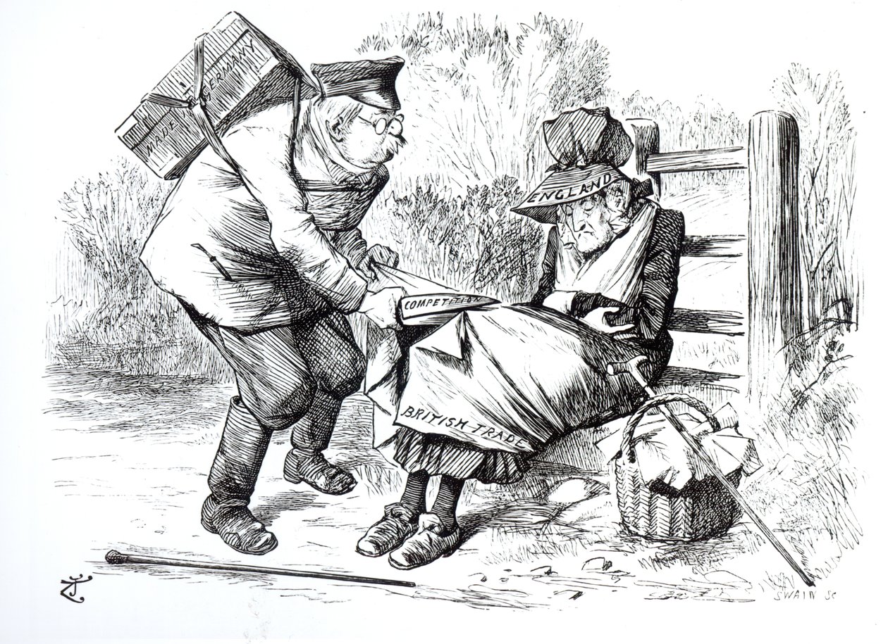 Německý obchodní cestující krade tržní podíly z britského obchodu, karikatura z Punch, The London Charivari, 5. září 1896 od English School