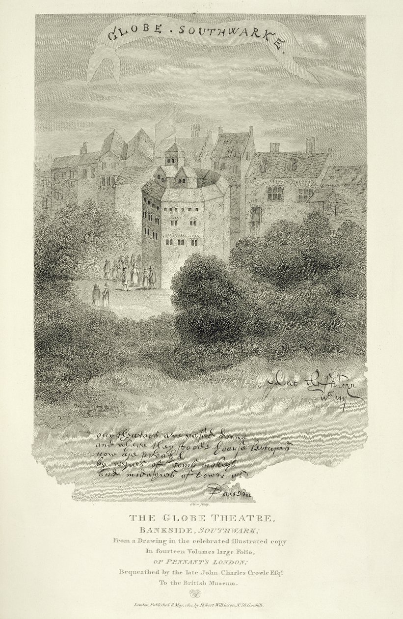 The Globe Theatre, Bankside, Southwark, podle kresby z Pennants London, poprvé publikováno 1793, vyryto Jamesem Stowem (asi 1770-s. 1820), publikováno 1812 od English School