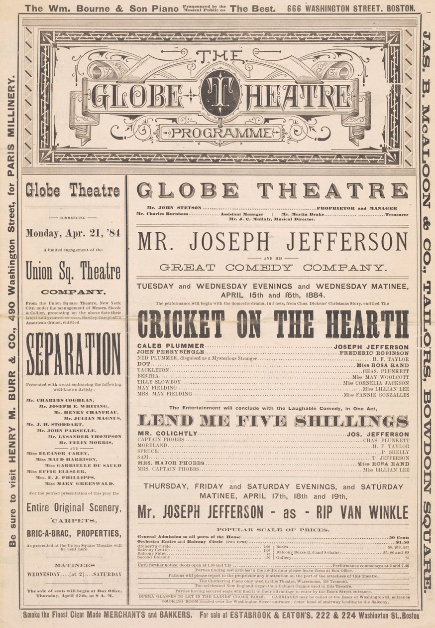Program divadla Globe, 21. dubna 1884 od English School