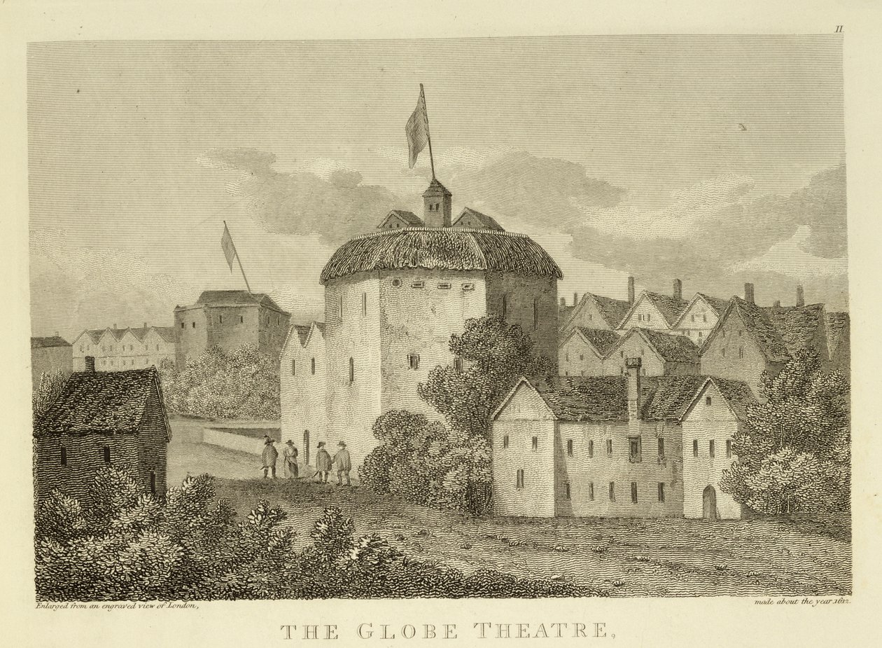 The Globe Theatre on the Bankside, jak se objevilo za vlády Jakuba I. (1566-1625), po rytině kolem roku 1612, publikované 1810 od English School