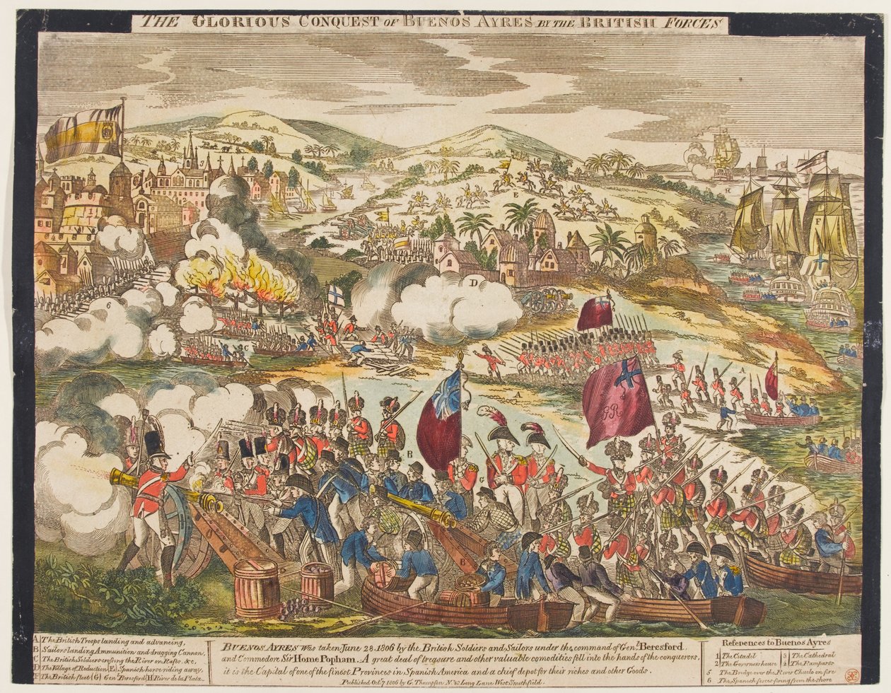 Slavné dobytí Buenos Aires britskými silami, 27. června 1806, vydal G. Thompson, 1806 (barevný dřevoryt) od English School