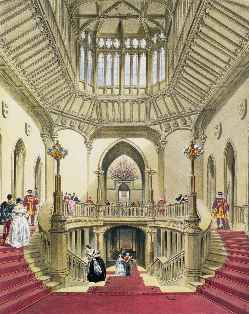 The Grand Staircase, Windsor Castle, z Historie královských rezidencí od Williama Henryho Pynea (1760-1943), 1838 (akvatinta) od English School