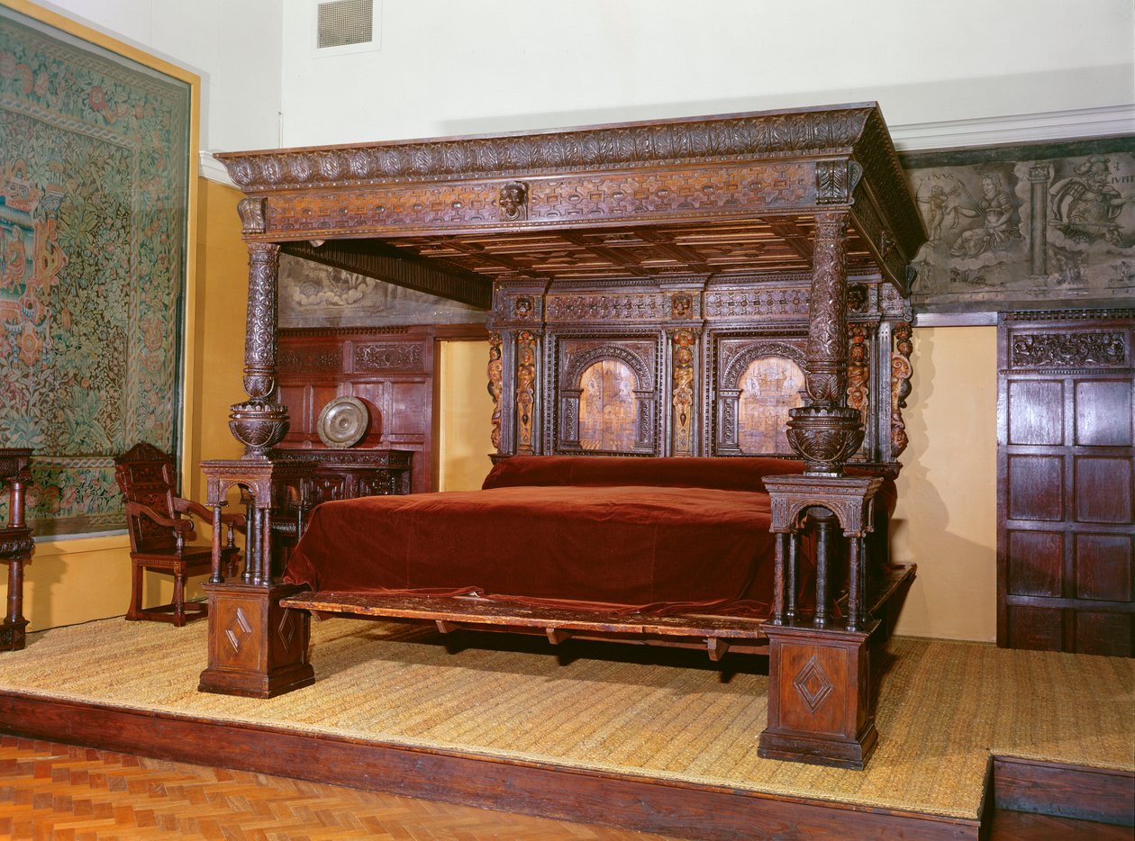 Velká postel z Ware, cca 1590 (vyřezávané, intarzované a malované dřevo) od English School