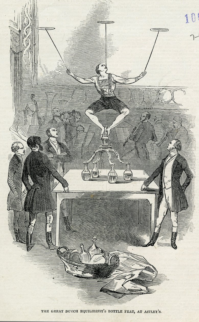 The Great Dutch Equilibrists Bottle Feat at Astleys, ilustrace převzata z ilustrovaných London News, 1846 od English School
