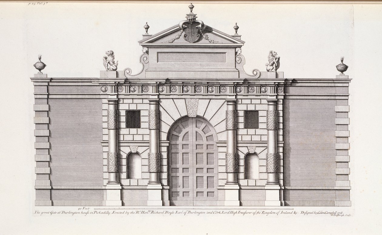 Velká brána v Burlington House, Piccadilly, od „Vitruvius Britannicus nebo britský architekt“ od Colen Campbell od English School